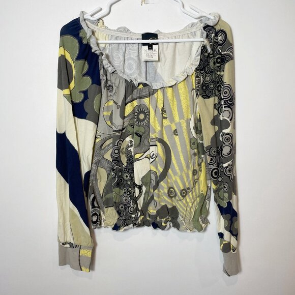Just Cavalli Off Shoulder Blouse Top Women’s M Green Floral Boho Elastic Hem - Picture 1 of 7